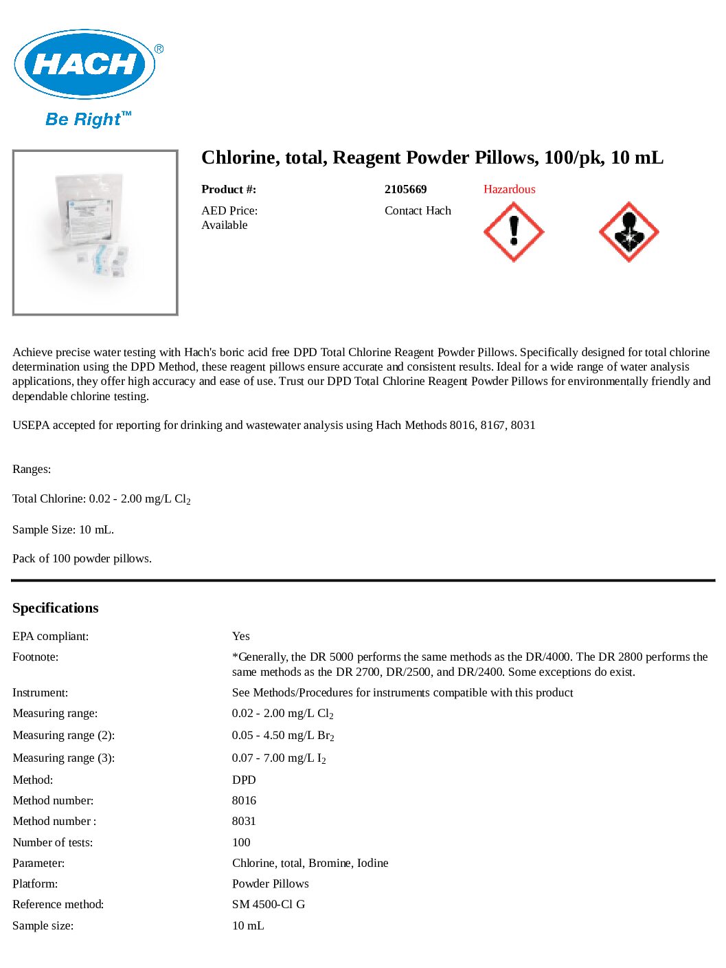 Hach Total Chlorine Reagent 2105669 | 100 pk | For Accurate Water Testing 7 Hach Total Chlorine Reagent 2105669 | 100 pk | For Accurate Water Testing - Image 4