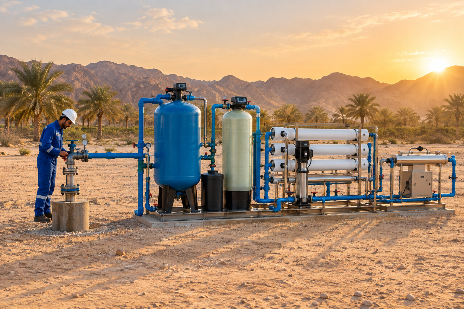 Well Water Treatment in Oman: A 2026 Guide for Villas and Farms 1 Well water treatment in Oman - RO and filtration line at a desert well site