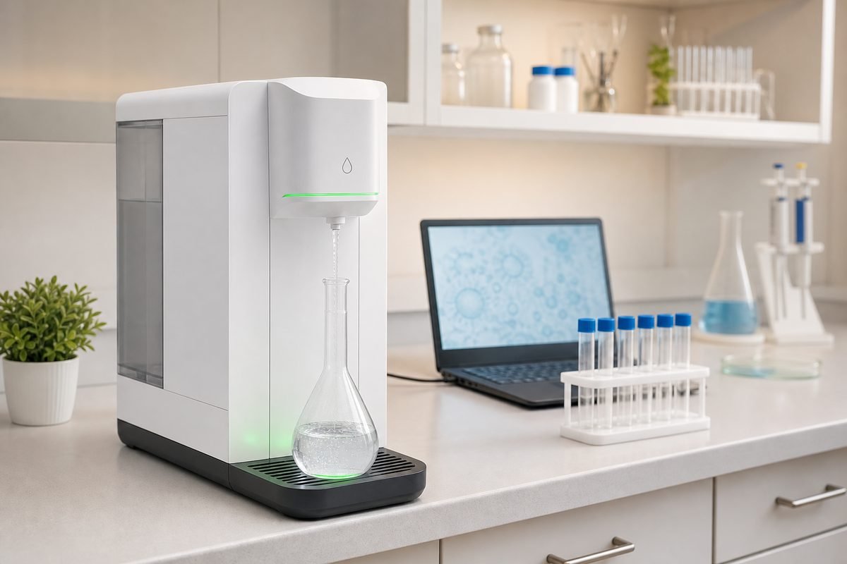 Avidity Science Oman benchtop lab water system in a clinic with pre-treatment