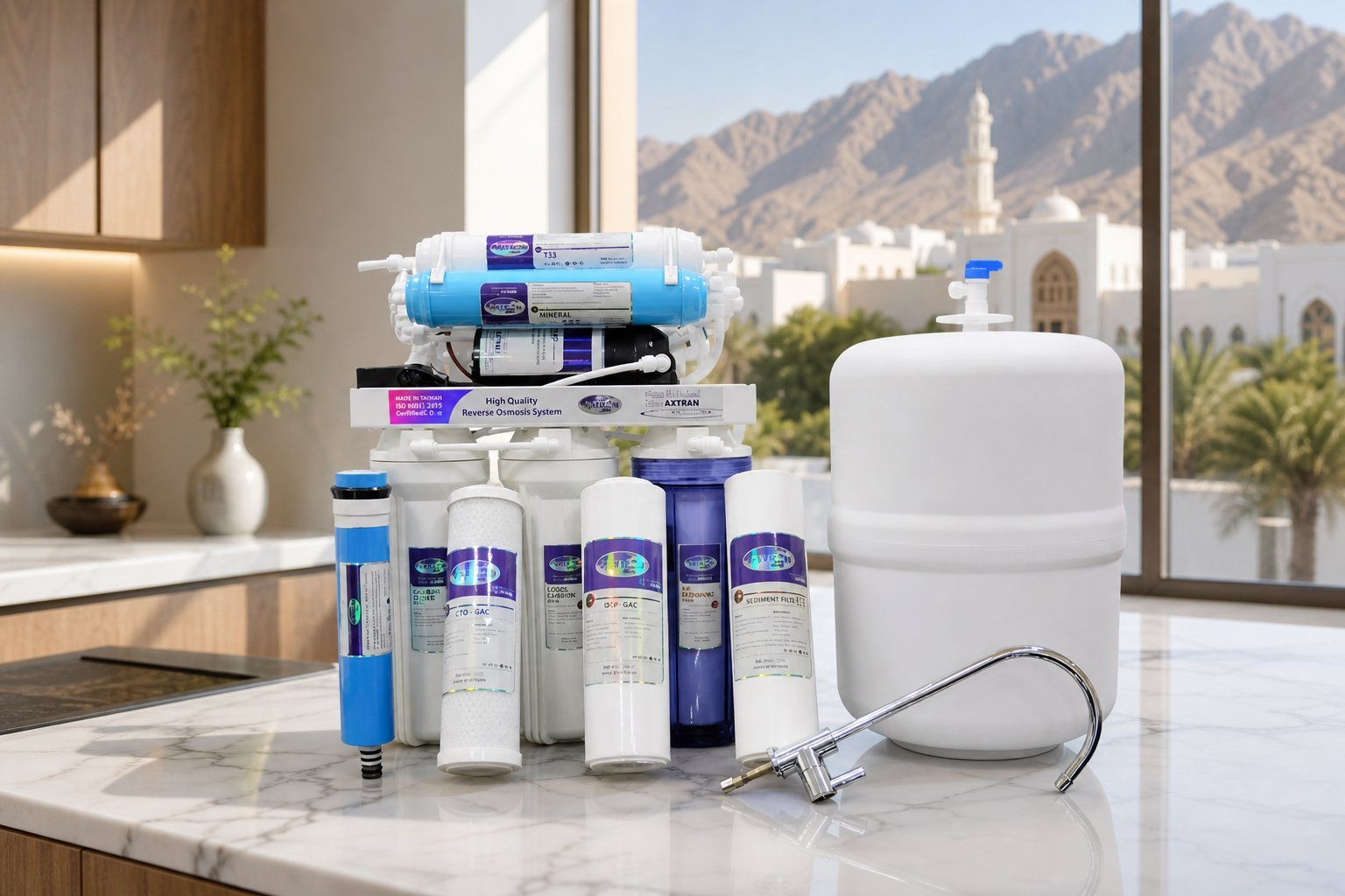 Axtron filter service Muscat - Axtron 8 stage RO system with cartridges, membrane and pressure tank