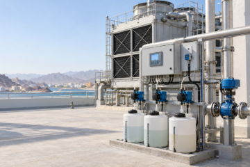 Cooling tower dosing system Oman with three dosing pumps, tanks, controller and automatic blowdown