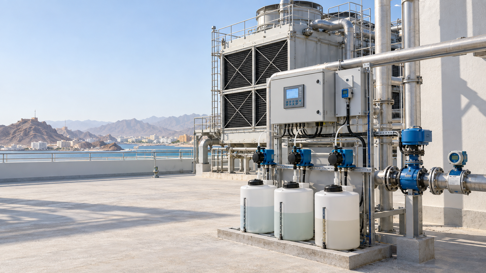 Cooling tower dosing system Oman with three dosing pumps, tanks, controller and automatic blowdown