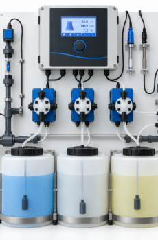 EMEC MTOWER cooling tower dosing system with three dosing pumps and chemical tanks in Oman