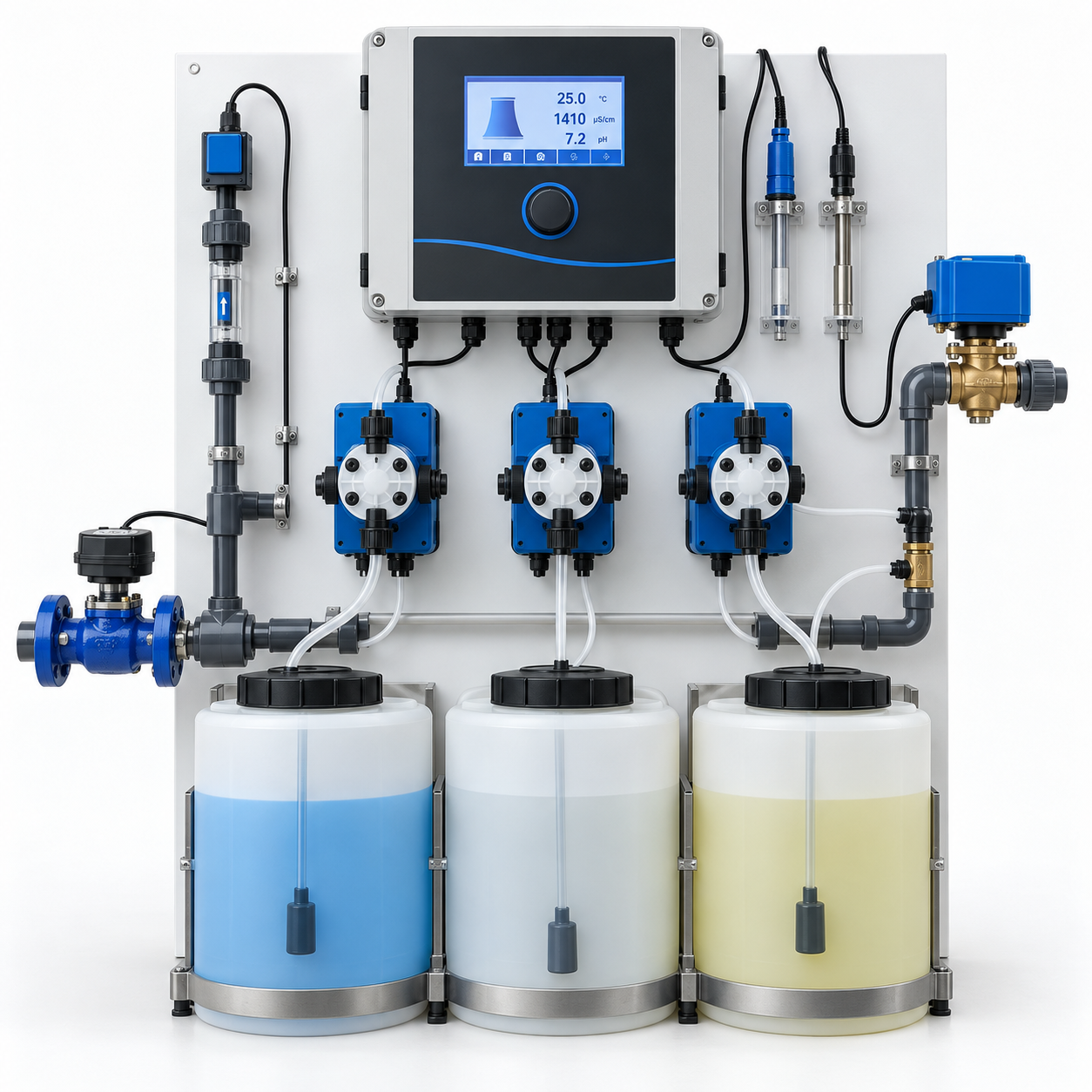 EMEC MTOWER Cooling Tower & Evaporative Condenser Dosing System - Complete 3-Pump Package 1 EMEC MTOWER cooling tower dosing system with three dosing pumps and chemical tanks in Oman