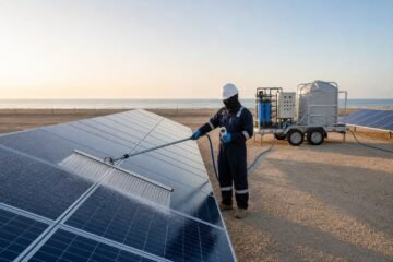 Technician spraying solar panel cleaning water from a trailer mounted RO and DI unit at a PV site in Oman