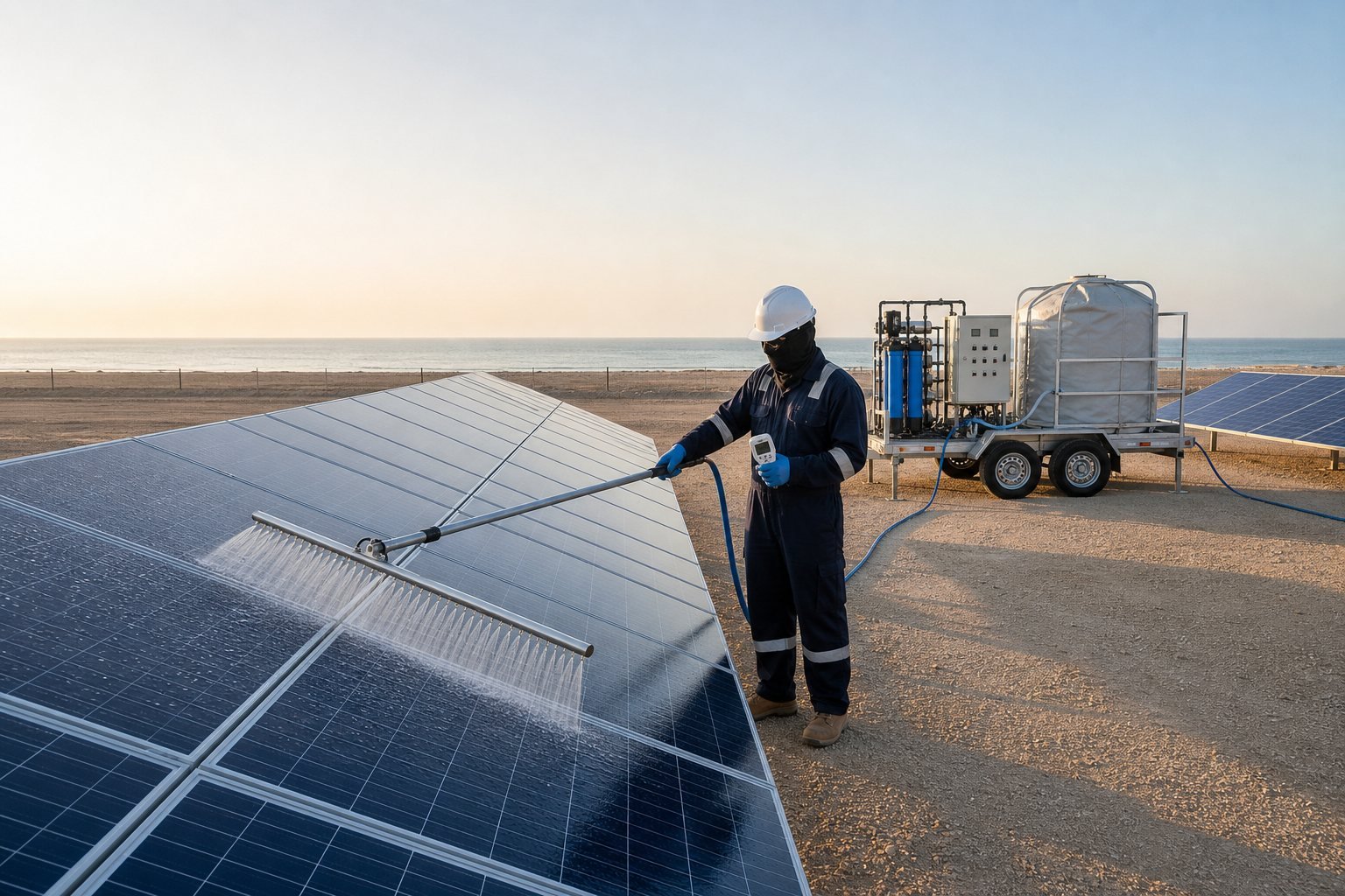 Technician spraying solar panel cleaning water from a trailer mounted RO and DI unit at a PV site in Oman