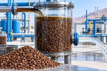 Walnut shell filter media in a nutshell filter vessel removing oil from water in Oman