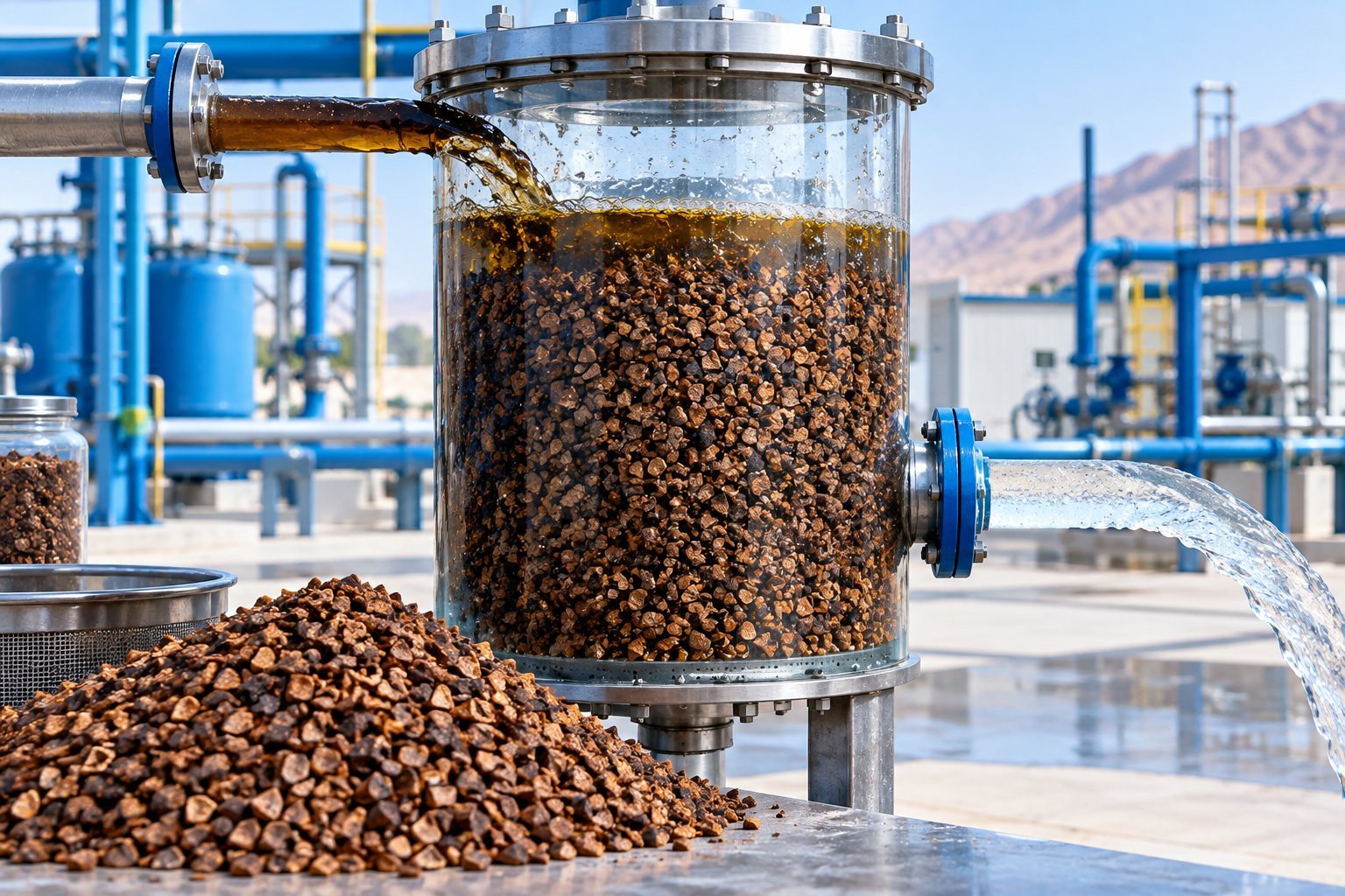 Walnut shell filter media in a nutshell filter vessel removing oil from water in Oman