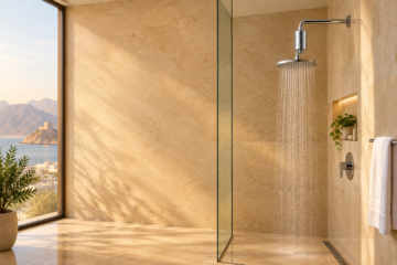 Chrome shower filter in Oman installed in a luxury bathroom