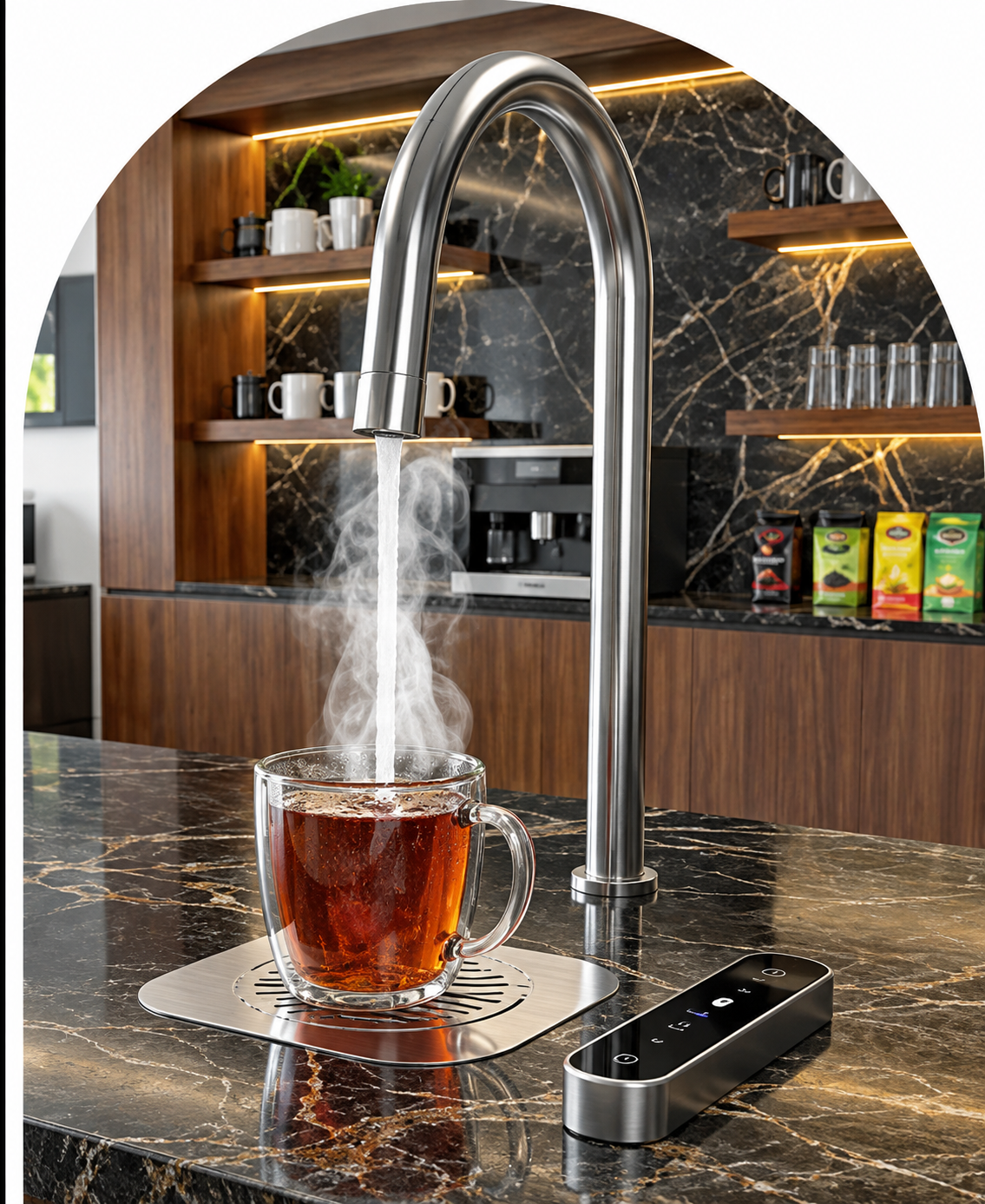 Boiling water tap Oman dispensing hot water into a cup of tea