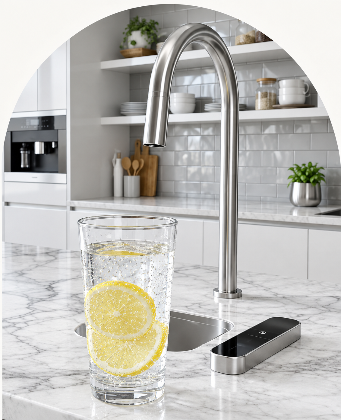 Chilled and sparkling water tap Oman filling a glass of lemon water