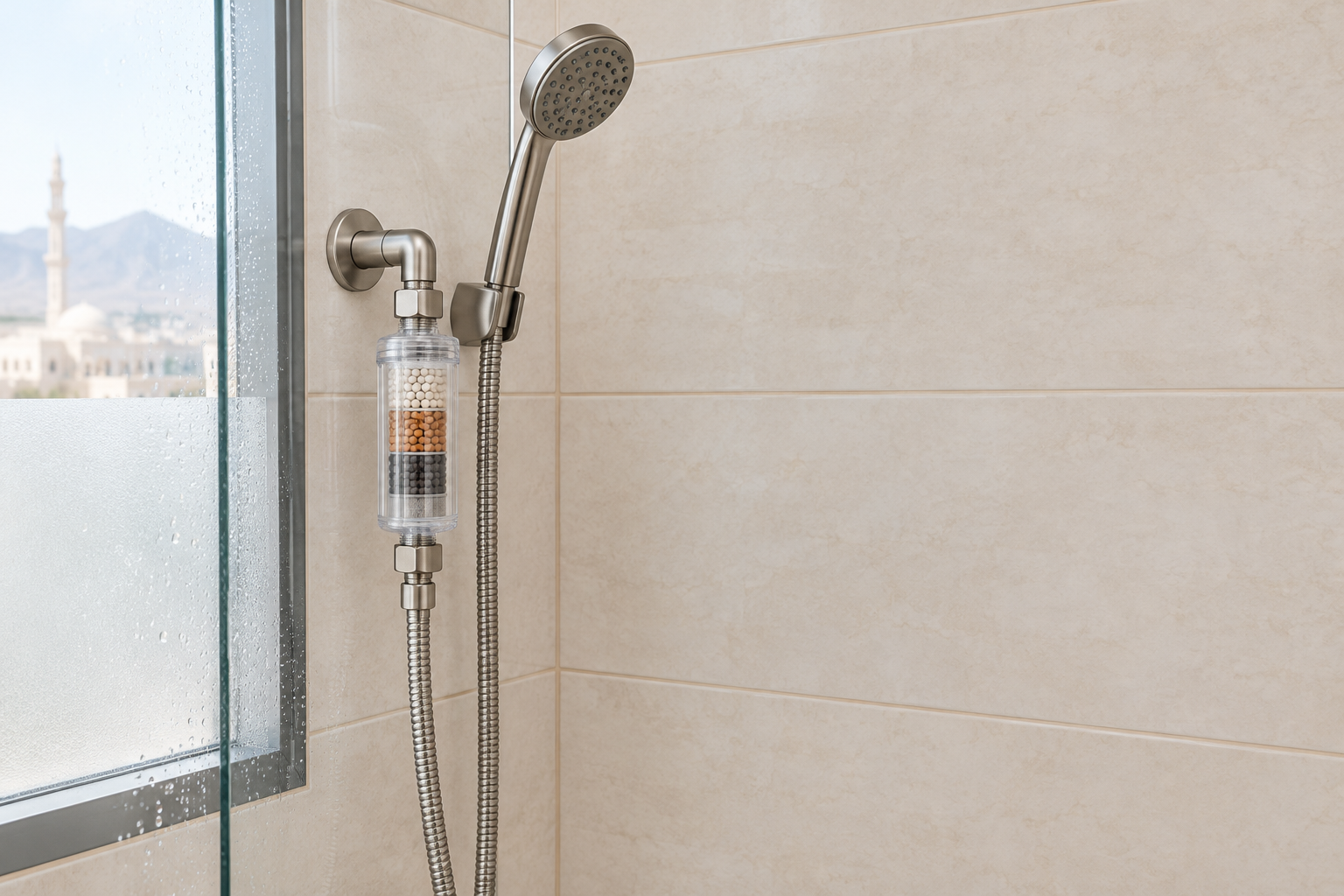 Shower Filter in Oman: Best Buying Guide for Chlorine, Dry Skin and Hair 2 Inline multi-stage shower filter in Oman bathroom
