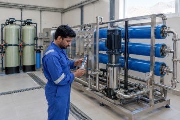 Water treatment companies in Oman - technician commissioning a commercial RO plant